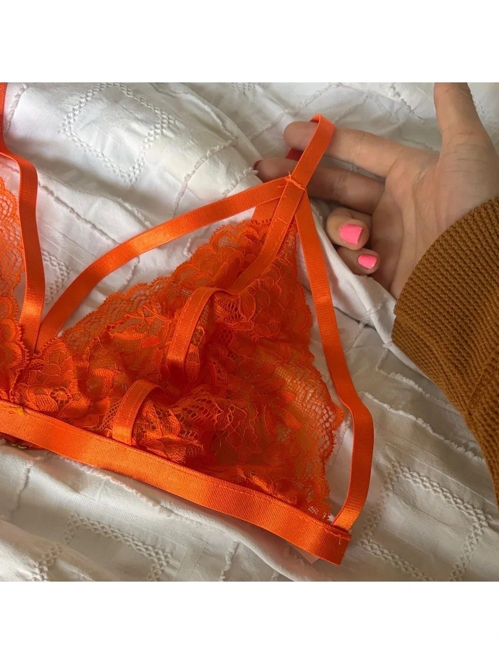 Lace Bralette & Garter Lingerie Set - Orange